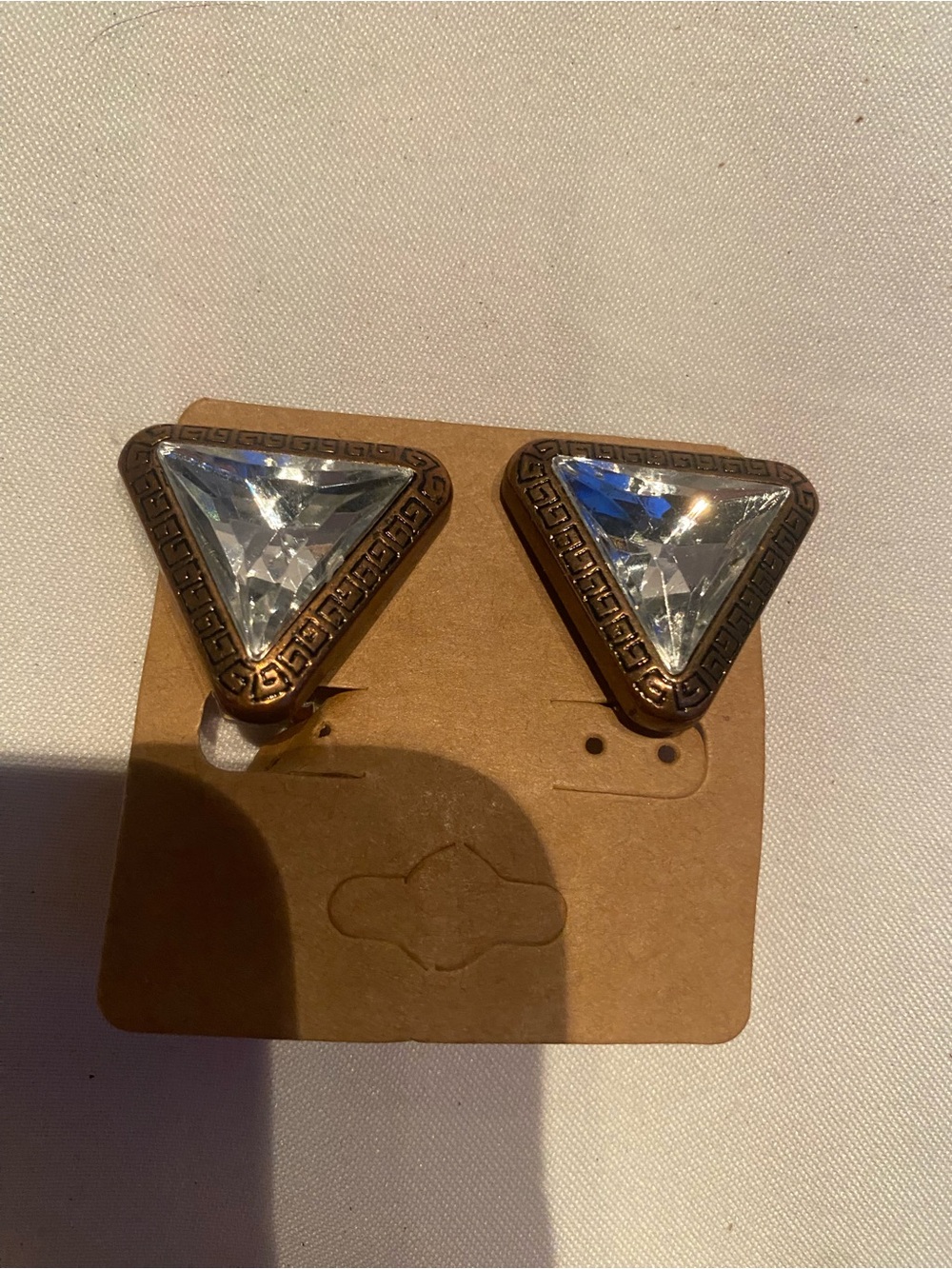 Triangle Clear Crystal Statement clip on Earrings - Antique Gold